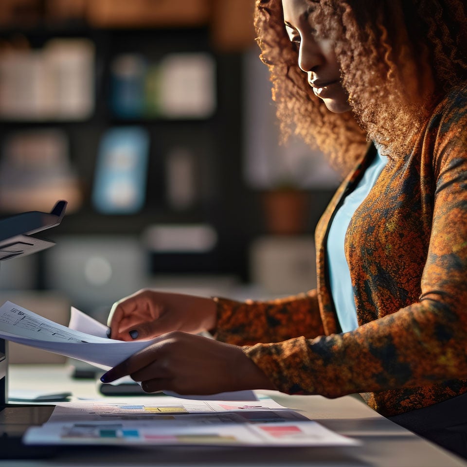 Close-up of a career woman printing assignments using an office printer at her desk