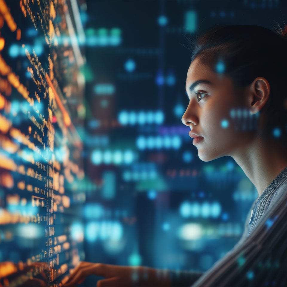 Portrait of Young Woman Working on Laptop Computer, Looking at Big Digital Screen Displaying Back-end Code Lines.