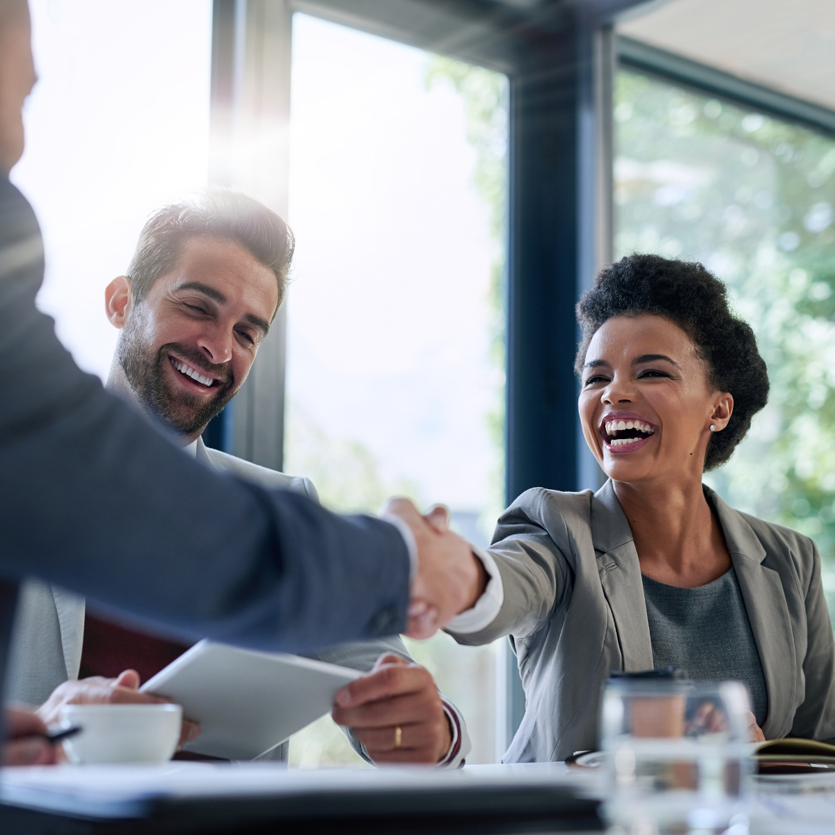 woman shaking hands with man in office